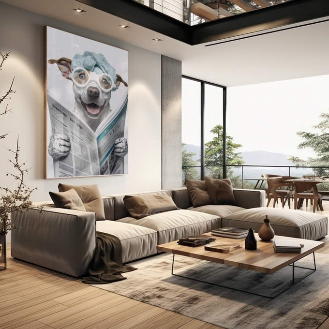 Quadro Decorativo Cão Leitor - Humor e Estilo para Seu Lar - quadros decorativos para sala 1 Tela Vertical, 3 Telas - em living room premium
