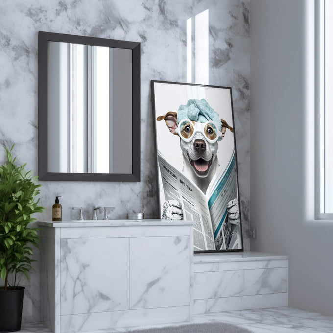 Quadro Decorativo Cão Leitor - Humor e Estilo para Seu Lar - quadros decorativos para sala 1 Tela Vertical, 3 Telas - em ambiente decorado