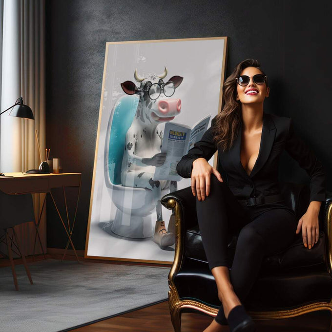 Quadro Decorativo Vibrante: Vaca Leitora em Momento Único - quadros decorativos para sala 1 Tela Vertical, 3 Telas - em quarto contemporaneo