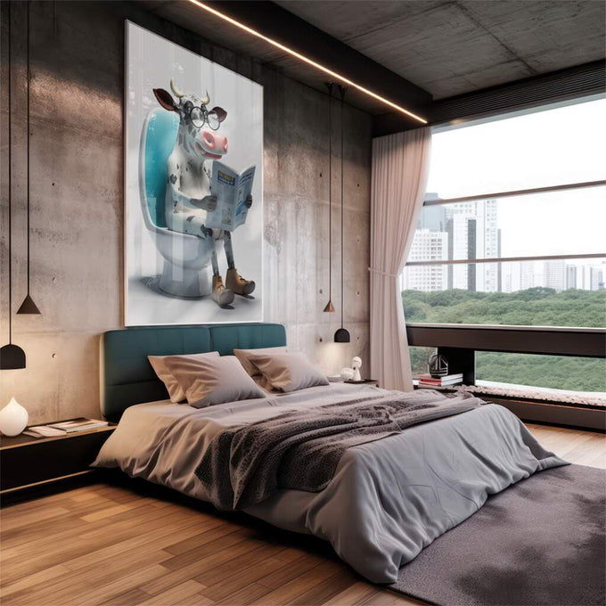 Quadro Decorativo Vibrante: Vaca Leitora em Momento Único - quadros decorativos 1 Tela Vertical, 3 Telas - em escritorio elegante