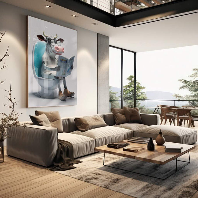 Quadro Decorativo Vibrante: Vaca Leitora em Momento Único - quadros decorativos para sala 1 Tela Vertical, 3 Telas - em living room premium