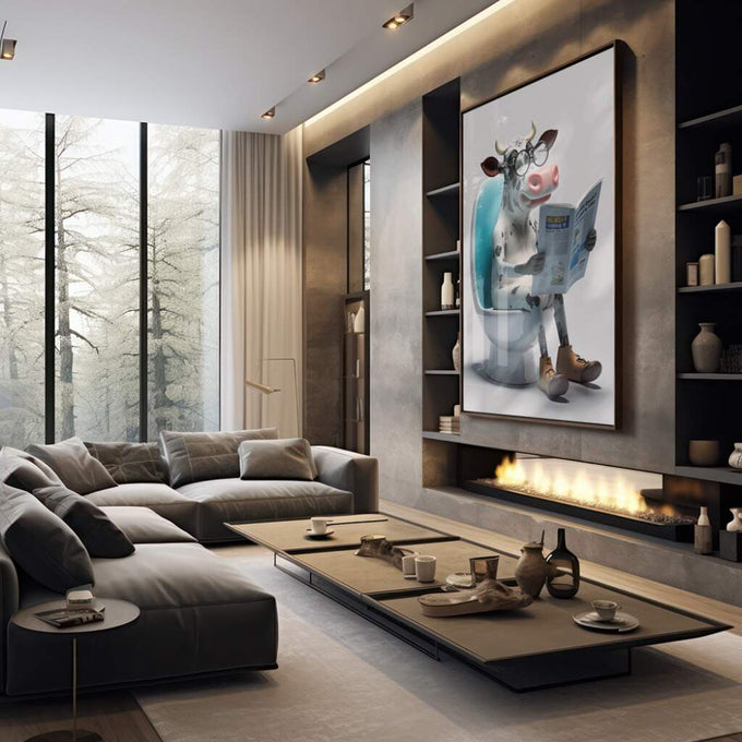 Quadro Decorativo Vibrante: Vaca Leitora em Momento Único - quadros decorativos 1 Tela Vertical, 3 Telas - em sala moderna