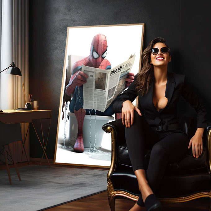 Quadro Decorativo Inusitado: Homem Aranha em Pausa - quadros decorativos 1 Tela, 3 Telas - em sala moderna