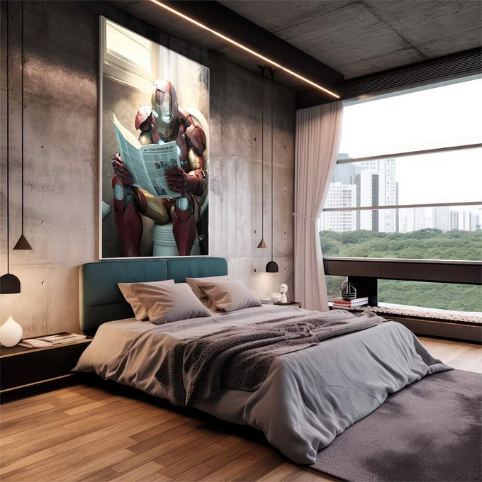 Quadro Decorativo Fascinante Homem de Ferro Lendo - quadros decorativos 1 Tela Vertical, 3 Telas - em escritorio elegante