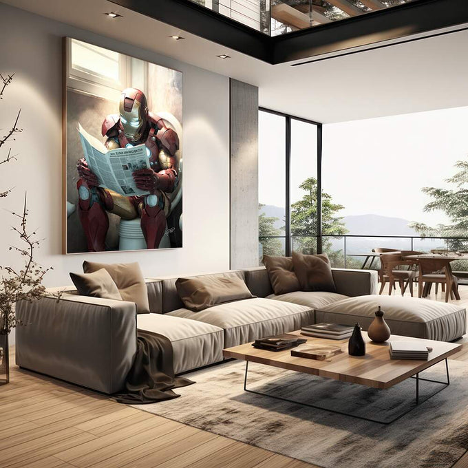 Quadro Decorativo Fascinante Homem de Ferro Lendo - quadros decorativos para sala 1 Tela Vertical, 3 Telas - em living room premium
