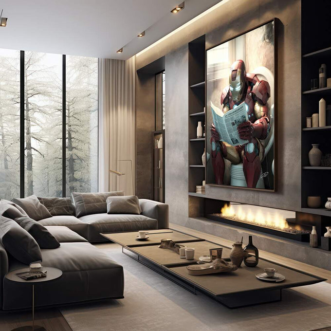 Quadro Decorativo Fascinante Homem de Ferro Lendo - quadros decorativos 1 Tela Vertical, 3 Telas - em sala moderna