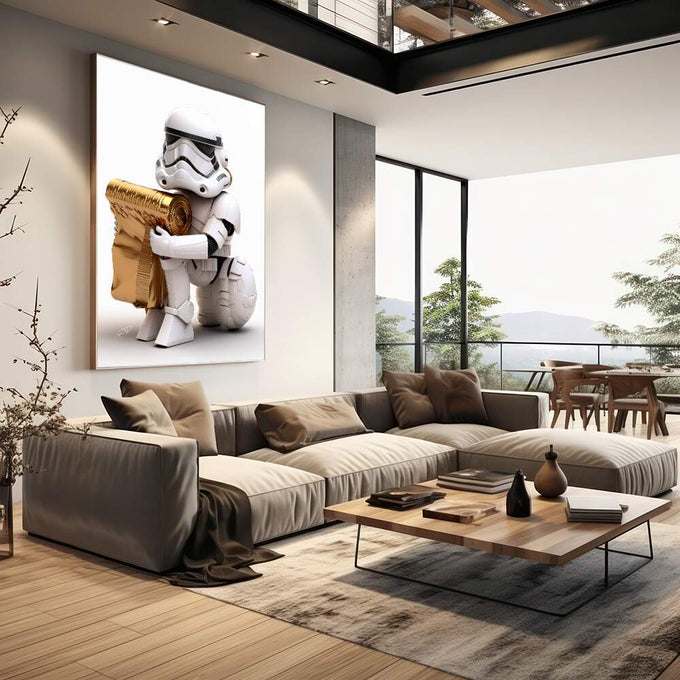 Quadro Decorativo Soldado Galáctico: Aventura e Paixão - quadros decorativos 1 Tela Vertical, 3 Telas - em escritorio elegante