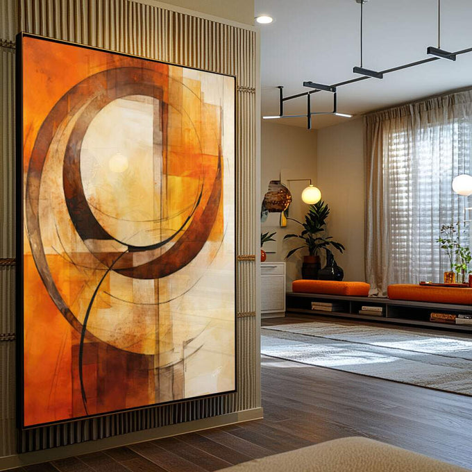 Quadro Decorativo Boho Circulares: Charme em Cores Quentes - quadros decorativos para sala 1 Tela Vertical, 3 Telas - em ambiente decorado