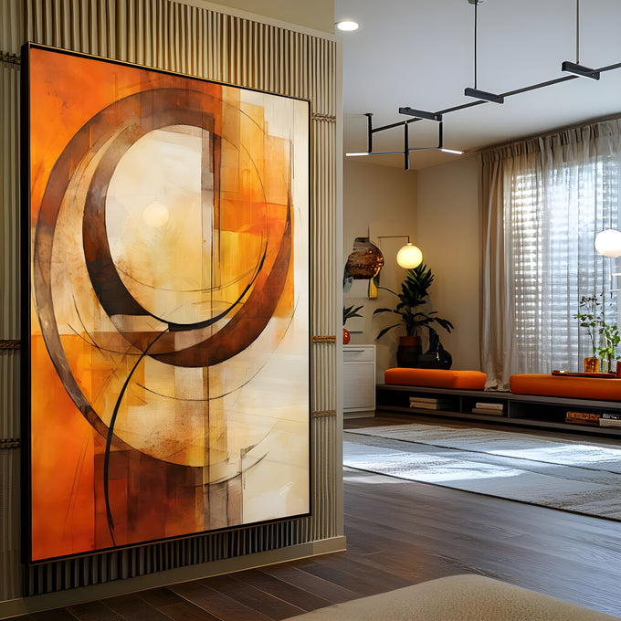 Abstrato com anéis marrons sobrepostos em fundo laranja e creme geométrico, quadro decorativo
