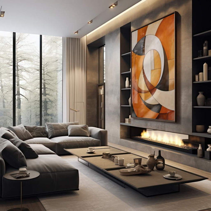 Quadro Decorativo Espirais Quentes para um Lar Aconchegante - quadros decorativos 1 Tela Vertical, 3 Telas - em sala moderna