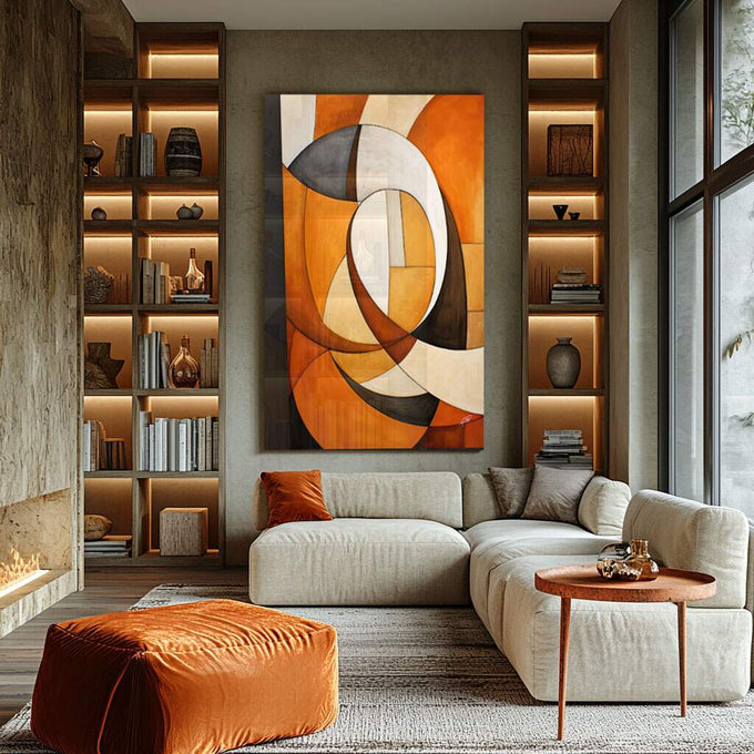 Quadro Decorativo Espirais Quentes para um Lar Aconchegante - quadros decorativos para sala 1 Tela Vertical, 3 Telas - em ambiente decorado