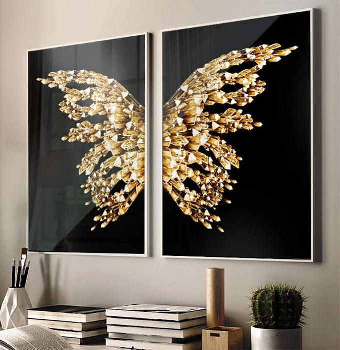 Quadro Decorativo Luxo: Asas de Borboleta Douradas - quadros decorativos para sala 2 Telas, arte abstrata - em ambiente decorado