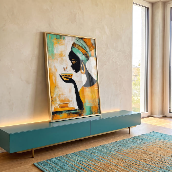 Quadro Decorativo Feminino Sereno e Vibrante em ambiente decorado - quadros decorativos para sala