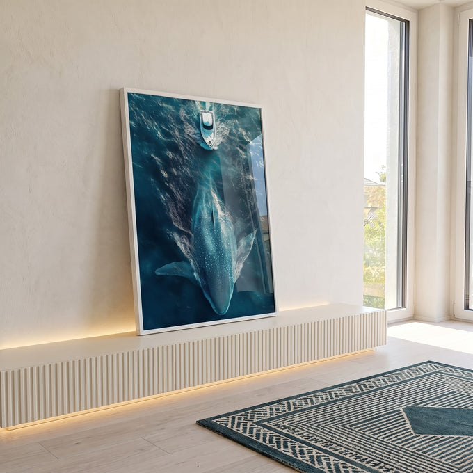 Quadro Decorativo Encontro Majestoso - Barco e Baleia no Mar em ambiente decorado - quadros decorativos para sala