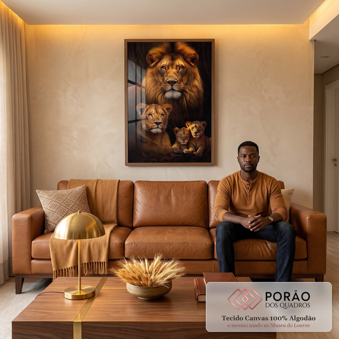 Quadro Decorativo Família de Leão com 2 Filhotes - Sofisticação e Estilo para Sua Decoração em sala de estar moderna - quadros decorativos para sala