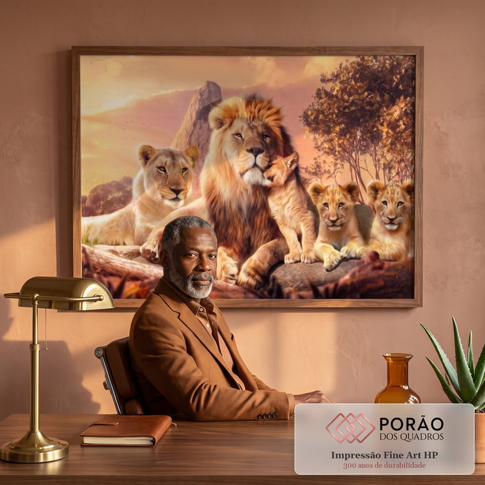 Quadro Decorativo Família de Leões com Filhotes - Elegância e Sofisticação para Sua Decoração em escritorio moderno - quadros decorativos para sala