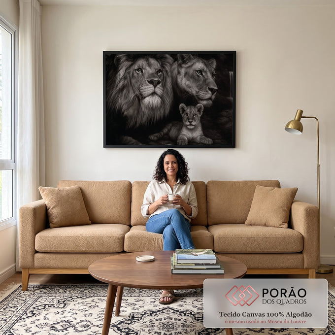 Quadro Decorativo Leões Majestosos em sala de estar moderna - quadros decorativos para sala