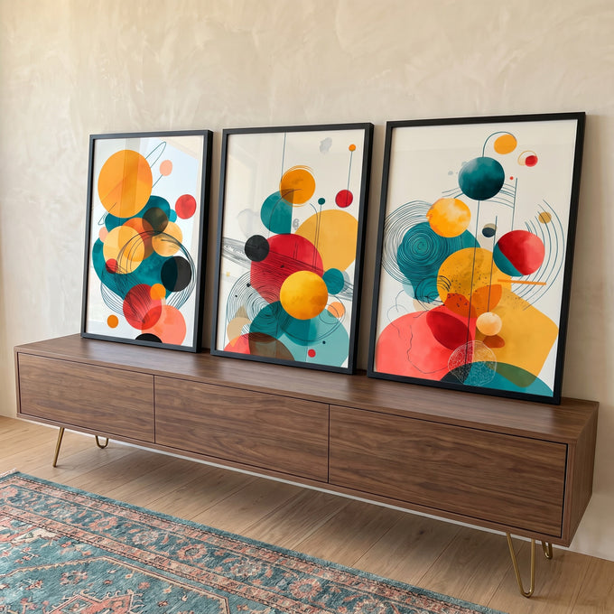 Quadro Decorativo Abstrato Trifásico Colorido em ambiente decorado - quadros decorativos para sala