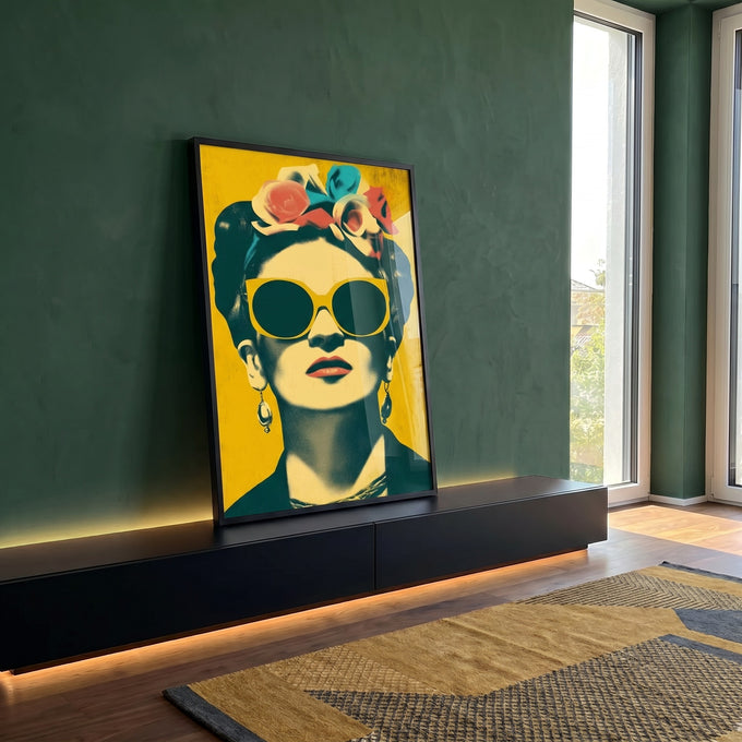Quadro Decorativo - Frida Kahlo em Cores Vibrantes em ambiente decorado - quadros decorativos para sala