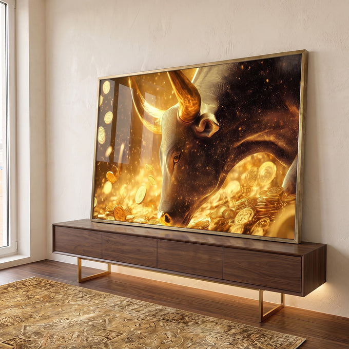 Quadro Decorativo Touro do Bitcoin em ambiente decorado - quadros decorativos para sala