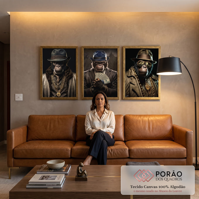 Quadro Decorativo Trio de Macacos Gangsteres - Estilo Único e Moderno em sala de estar moderna - quadros decorativos para sala