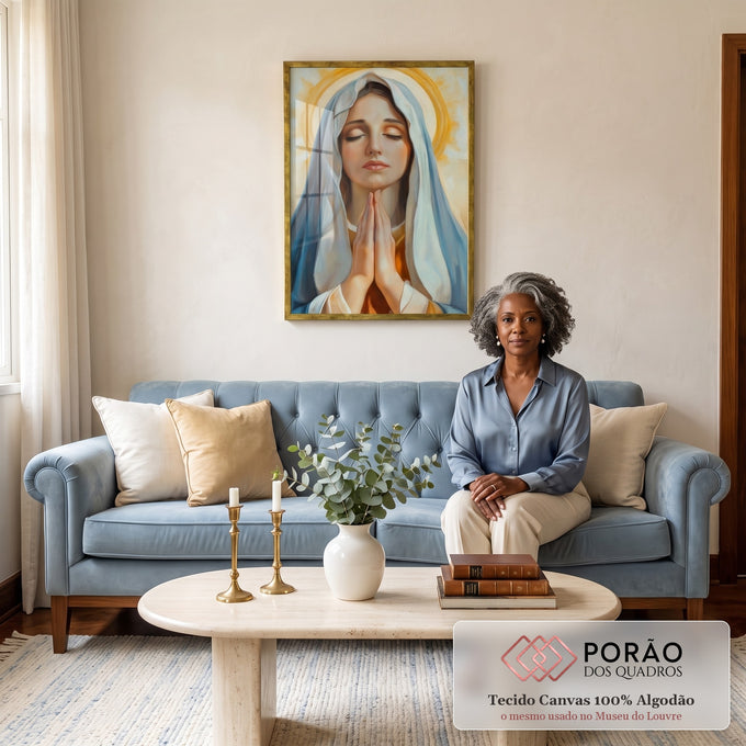 Quadro Decorativo Virgem Maria Serenidade e Fé em sala de estar moderna - quadros decorativos para sala