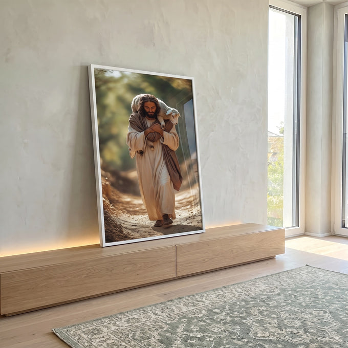 Quadro Decorativo Jesus com o Cordeiro em ambiente decorado - quadros decorativos para sala