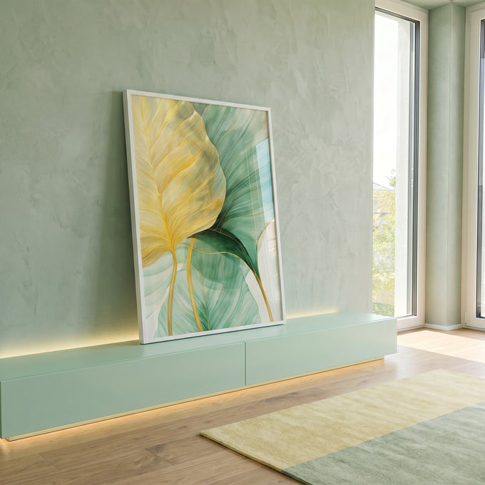 Quadro Decorativo Folhagem Dourada e Verde - Elegância Natural para sua Casa em ambiente decorado - quadros decorativos para sala