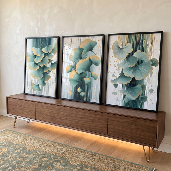 Quadro Decorativo Trio de Folhas Abstratas para Inspiração e Estilo em ambiente decorado - quadros decorativos para sala