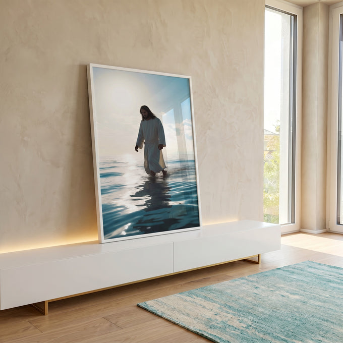 Quadro Decorativo Jesus Sobre as Águas em ambiente decorado - quadros decorativos para sala
