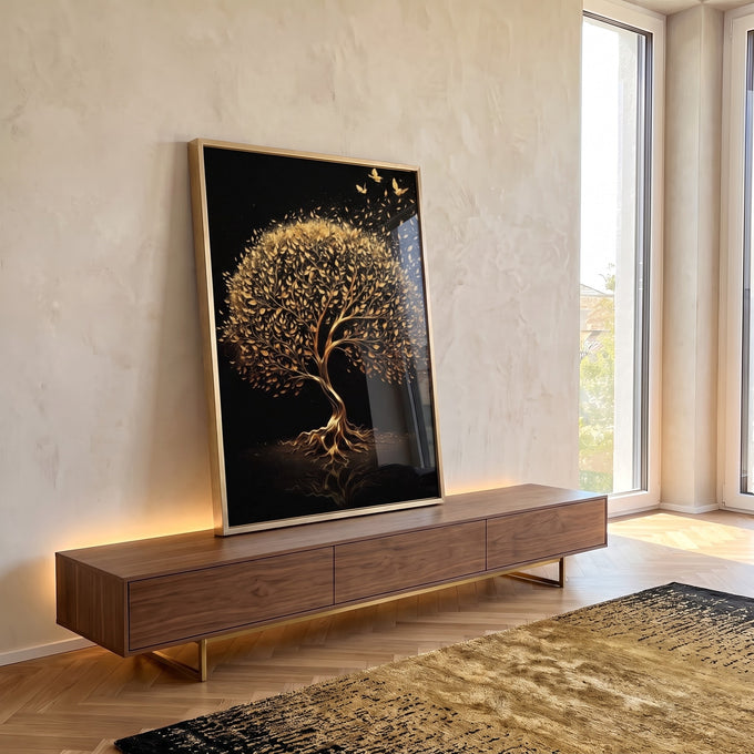 Quadro Decorativo Árvore Encantada de Ouro: Um Toque de Luxo em ambiente decorado - quadros decorativos para sala