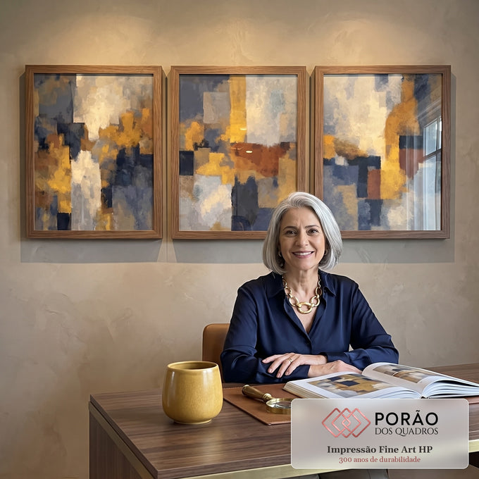 Quadro Decorativo Abstrato Azul e Dourado em escritorio moderno - quadros decorativos para sala