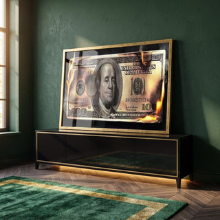 Quadro Decorativo Impactante: Dinheiro em Chamas em ambiente decorado - quadros decorativos para sala