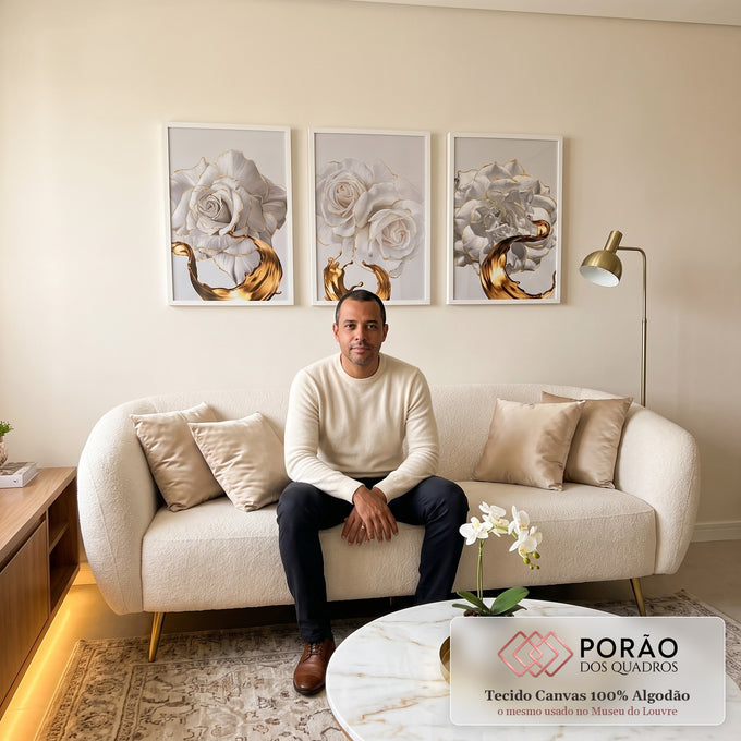 Quadro Decorativo: Harmonia de Rosas Brancas e Dourado em sala de estar moderna - quadros decorativos para sala