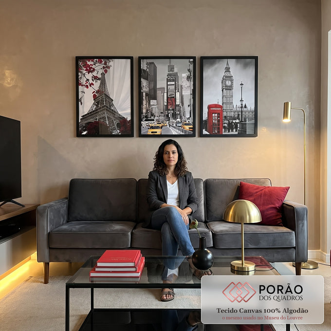 Quadro Decorativo: Ícones Mundiais com Toque Especial em sala de estar moderna - quadros decorativos para sala