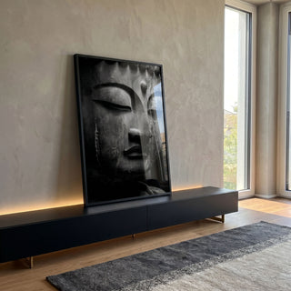 Quadro Decorativo Buda em Cinza Elegante em ambiente decorado - quadros decorativos para sala