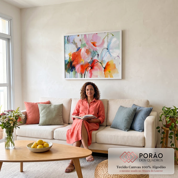 Quadro Decorativo Floral: Inspiração e Serenidade em sala de estar moderna - quadros decorativos para sala