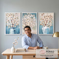 Quadro Decorativo Serenidade Azul Pastel: Flores e Árvores em escritorio moderno - quadros decorativos para sala