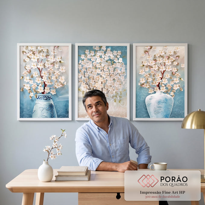 Quadro Decorativo Serenidade Azul Pastel: Flores e Árvores em escritorio moderno - quadros decorativos para sala