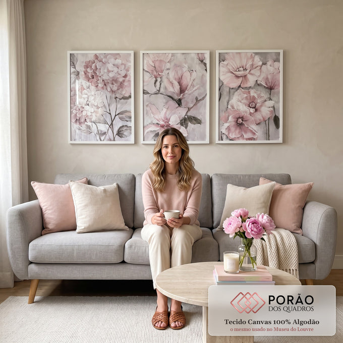 Quadro Decorativo: Magnólias Pastéis - Toque de Serenidade em sala de estar moderna - quadros decorativos para sala