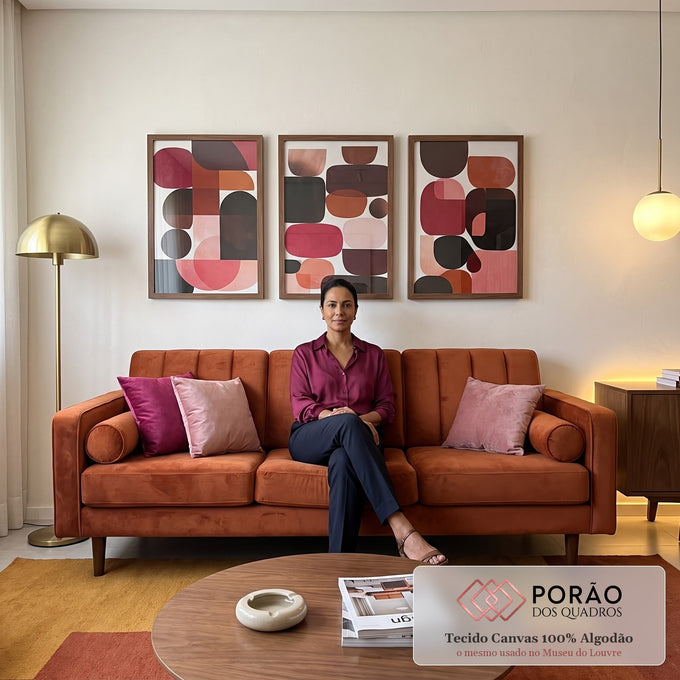 Quadro Decorativo Três Painéis Abstrato em sala de estar moderna - quadros decorativos para sala
