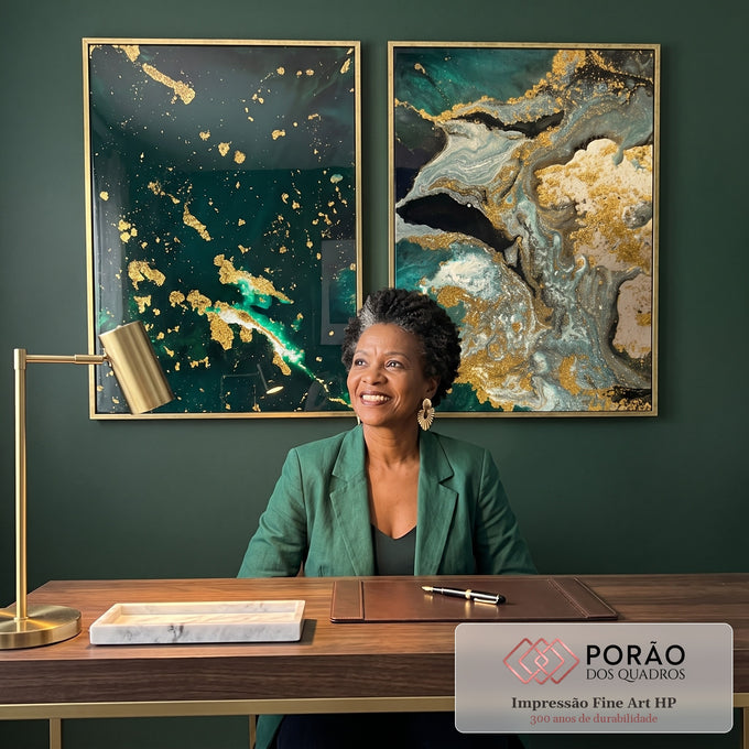 Quadro Decorativo Fusão Verde e Ouro - Toque de Energia Único em escritorio moderno - quadros decorativos para sala