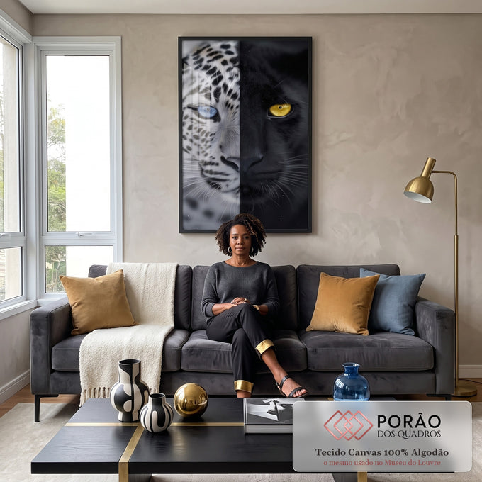Quadro Decorativo Jaguar: Luz e Sombra em sala de estar moderna - quadros decorativos para sala