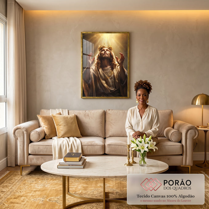 Quadro Decorativo Jesus Abençoando - Obra de Arte para Transformar Seu Espaço com Serenidade em sala de estar moderna - quadros decorativos para sala