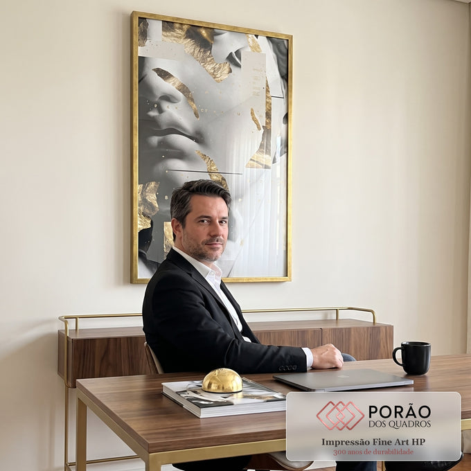 Quadro Decorativo Retrato Moderno com Toque Dourado em escritorio moderno - quadros decorativos para sala