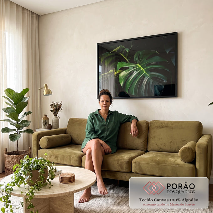 Quadro Decorativo Monstera Vibrante em sala de estar moderna - quadros decorativos para sala