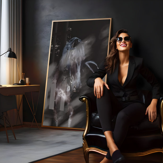Cavalo negro com cabeçada de couro e crina solta iluminado sobre fundo preto, quadro decorativo
