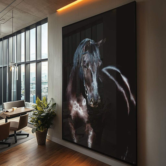 Quadro Decorativo: Poder e Graça Natural em Cavalo Majestoso - quadros decorativos para sala 1 Tela Vertical, 3 Telas - em ambiente decorado
