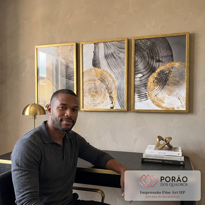 Quadro Decorativo Elegância Abstrata: Luxo em Preto e Ouro em escritorio moderno - quadros decorativos para sala