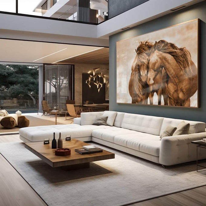 Quadro Decorativo: Abraço Etéreo Equino em Sépia - quadros decorativos para sala 1 Tela, 1 Tela Horizontal - em living room premium